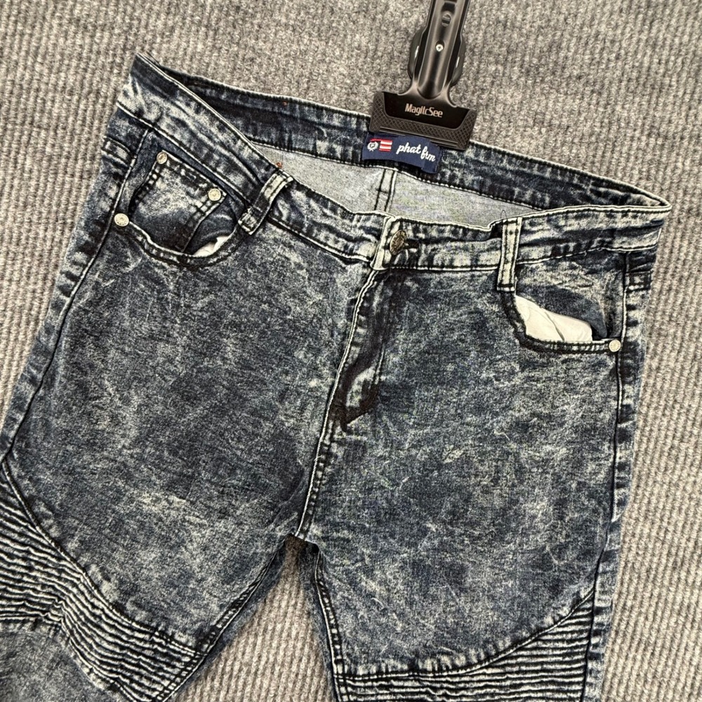 Phat Farm Moto Jeans Mens 36x30 Blue Excellent Acid Wash Biker Slim Stretch